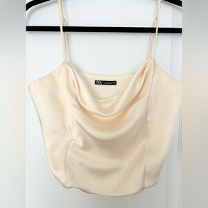 Zara Champagne Satin Cowl Neck Crop Size M